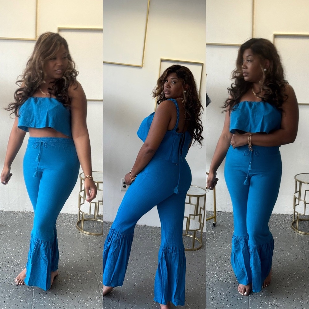 Vibrant Blue Off-Shoulder two piece  with Flared Legs